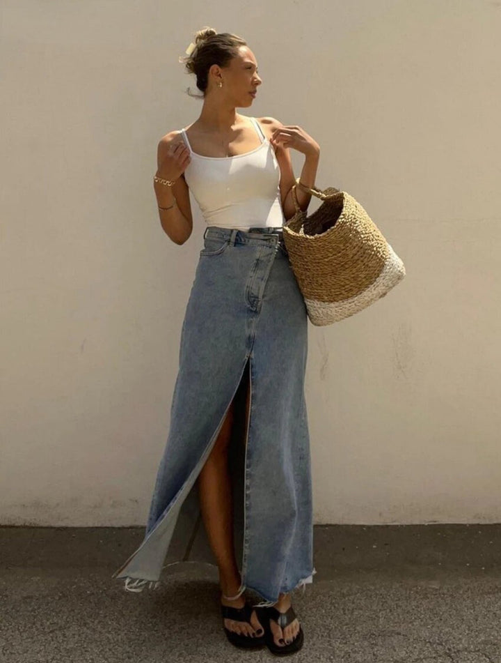 Del Mar High Slit Denim Maxi Skirt
