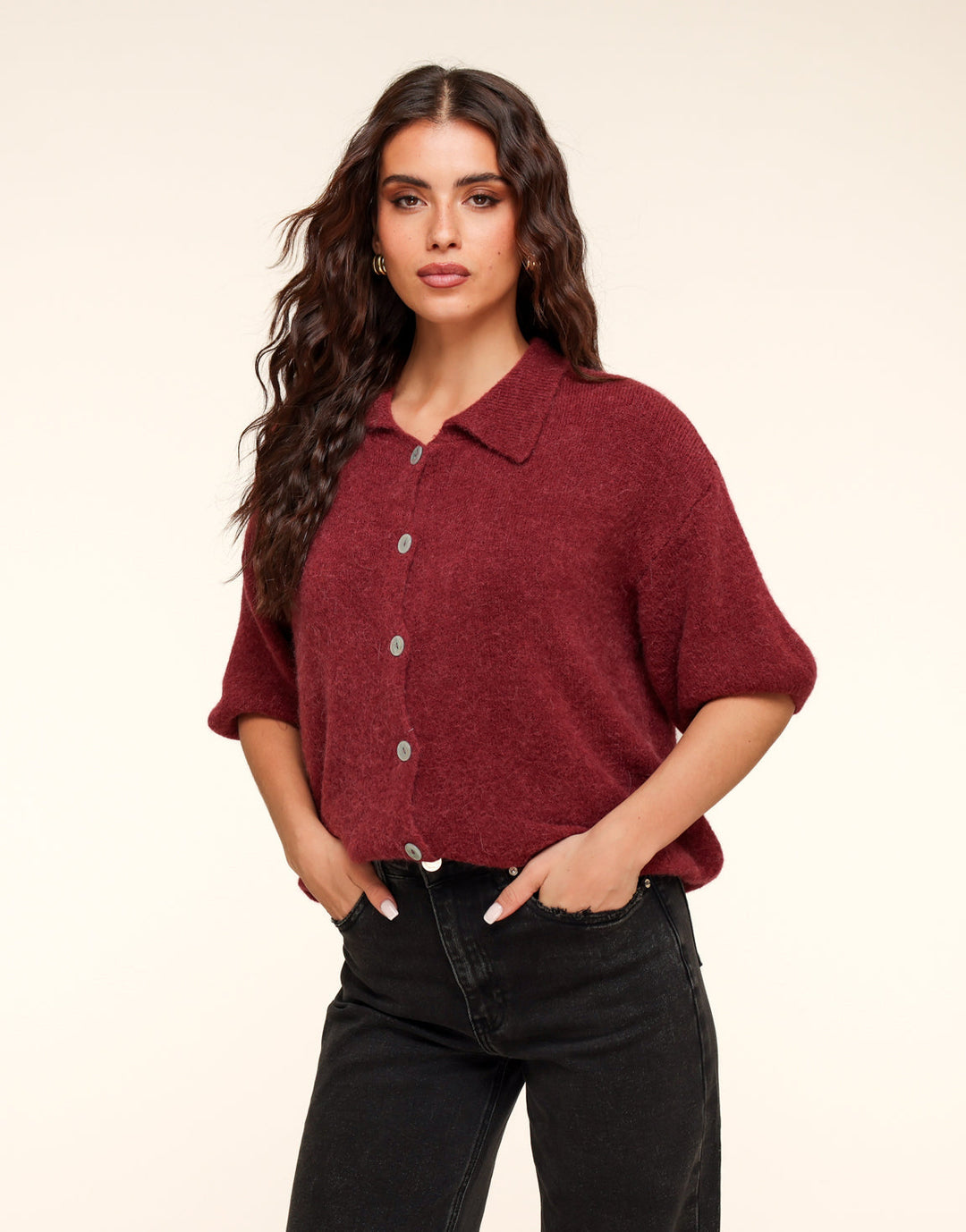 Bordeaux Knitted Button Collar Top