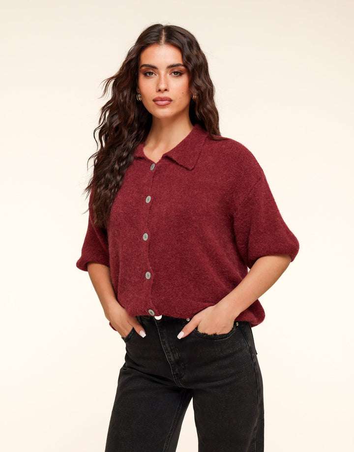 Bordeaux Knitted Button Collar Top