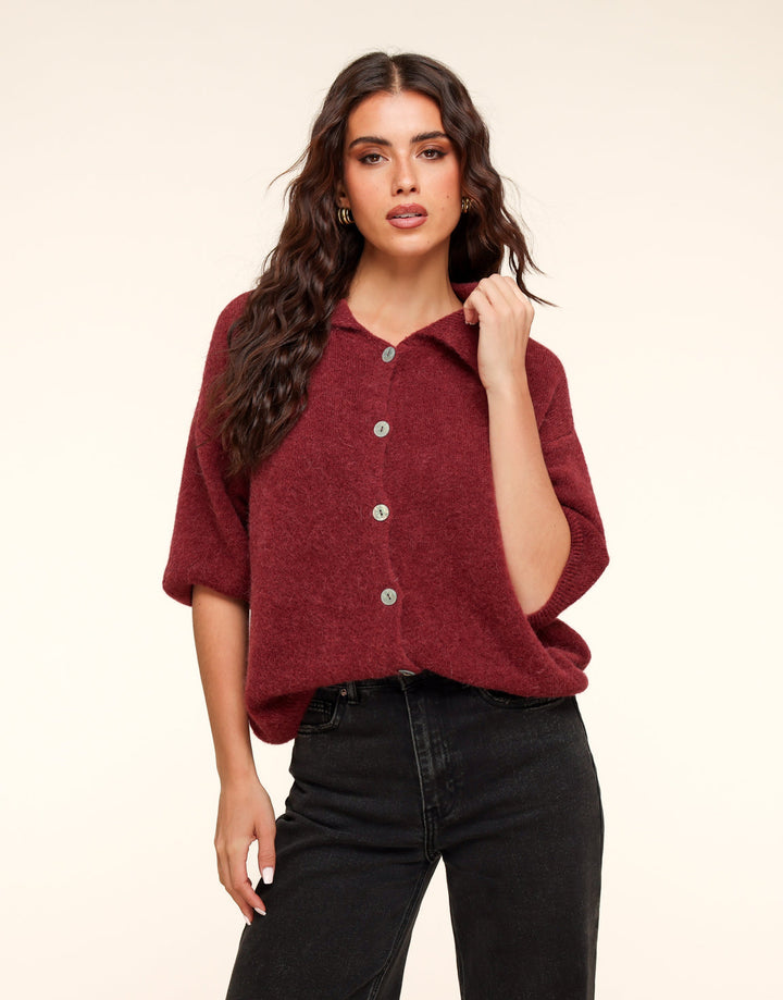 Bordeaux Knitted Button Collar Top