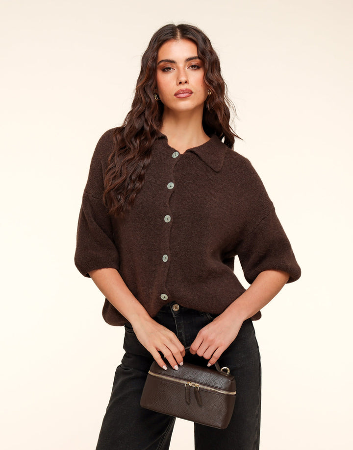 Dark Brown Knitted Button Collar Top