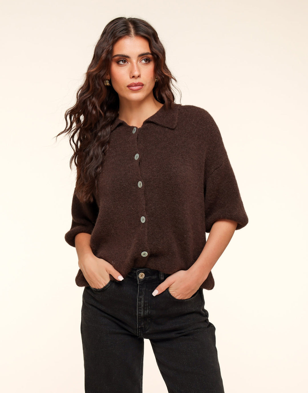 Dark Brown Knitted Button Collar Top
