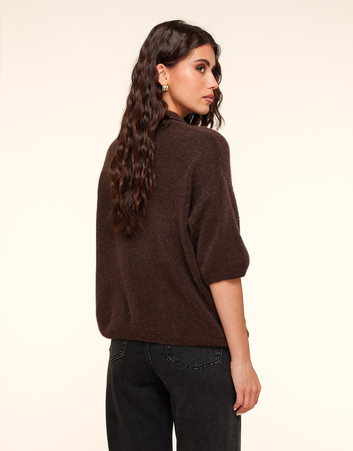 Dark Brown Knitted Button Collar Top
