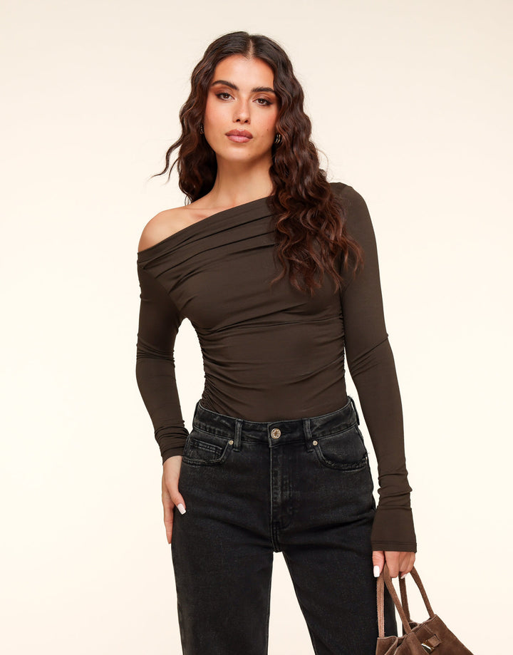 Brown Draped Off Shoulder - Top