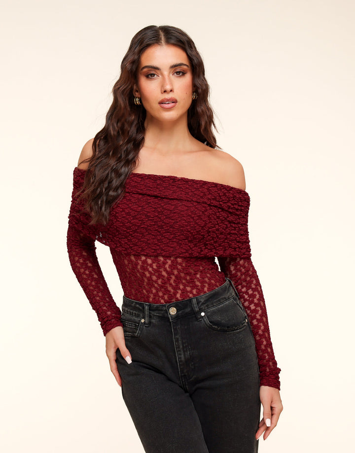 Burgundy Turn-down Off Shoulder - Top