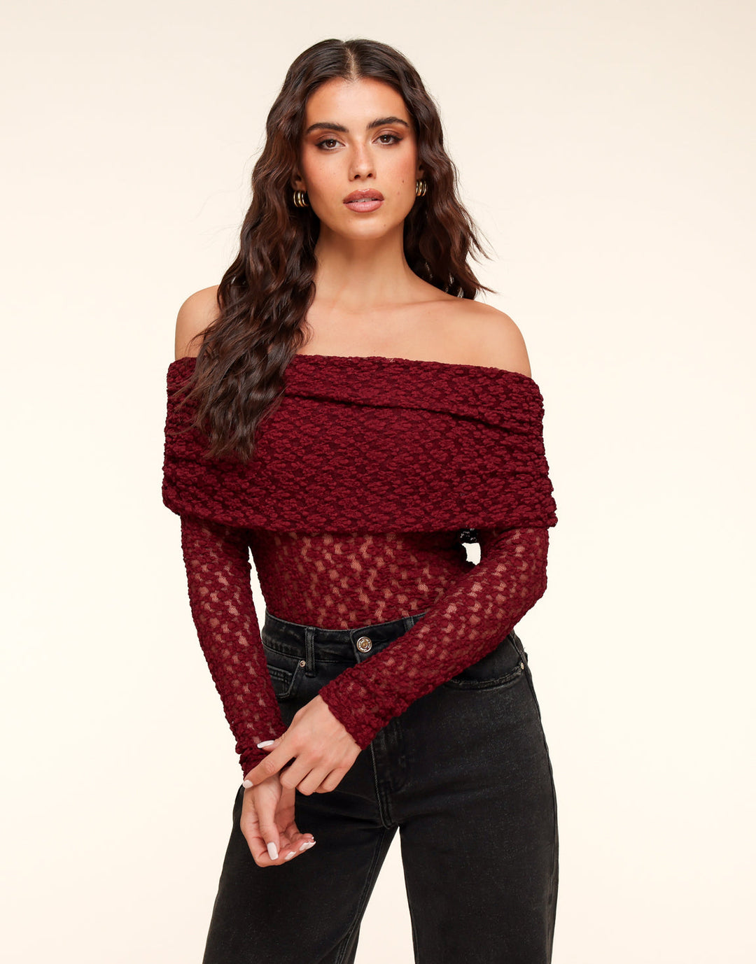 Burgundy Turn-down Off Shoulder - Top
