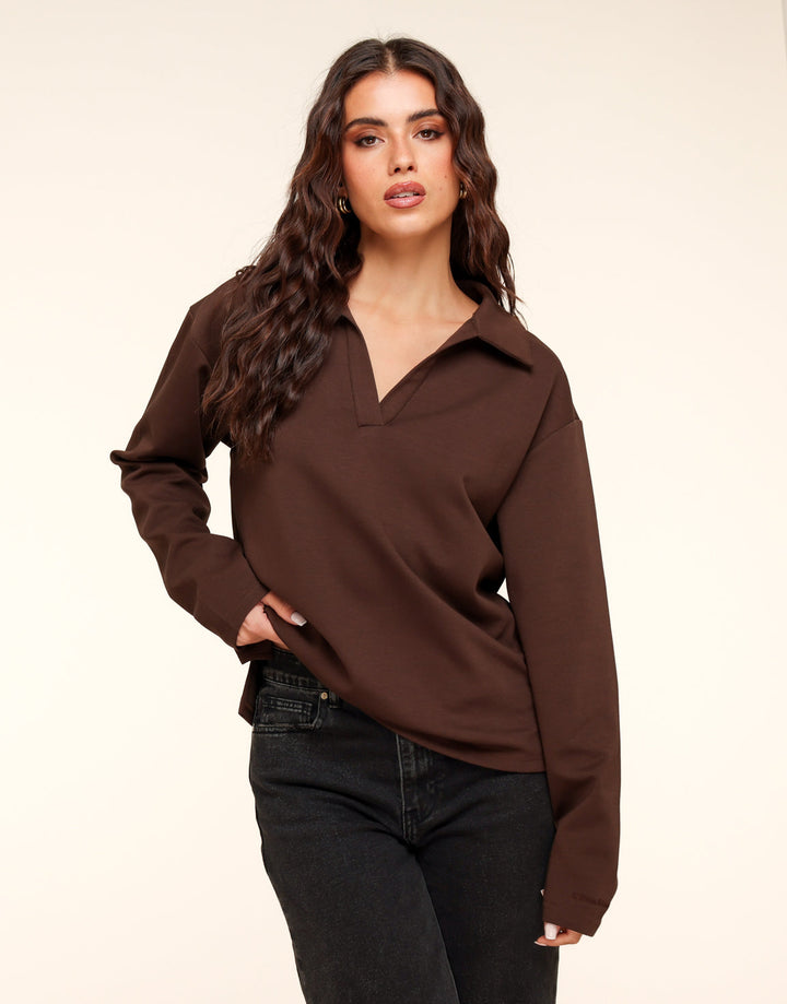 Dark Brown V-Neck Loose LS - T-shirt