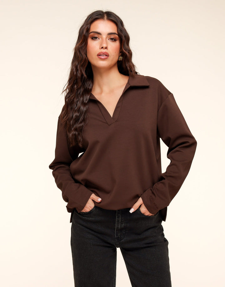 Dark Brown V-Neck Loose LS - T-shirt
