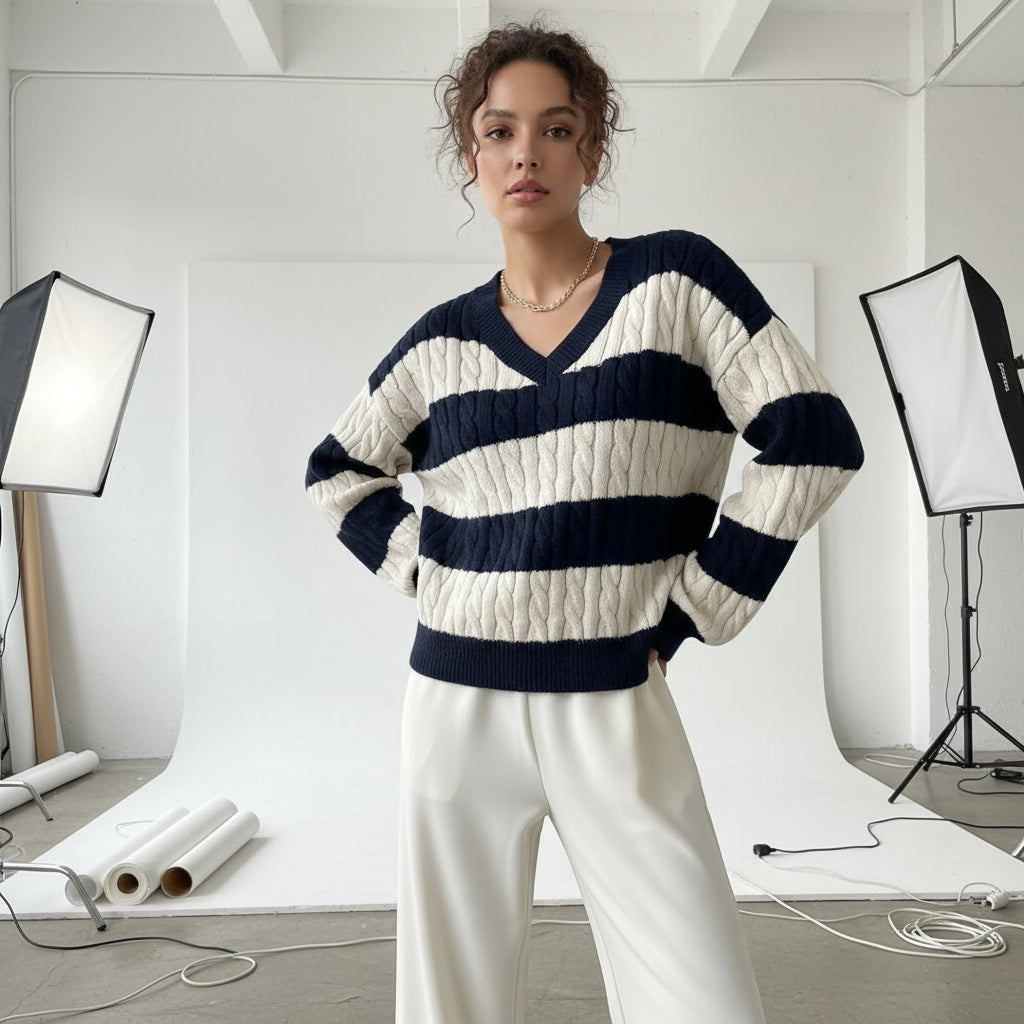 Academia Stripe Cable Knit Sweater