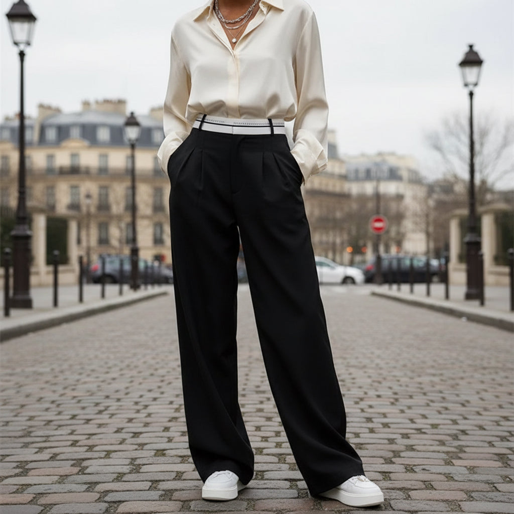 Milan Fold-Detail High-Rise Pants - black