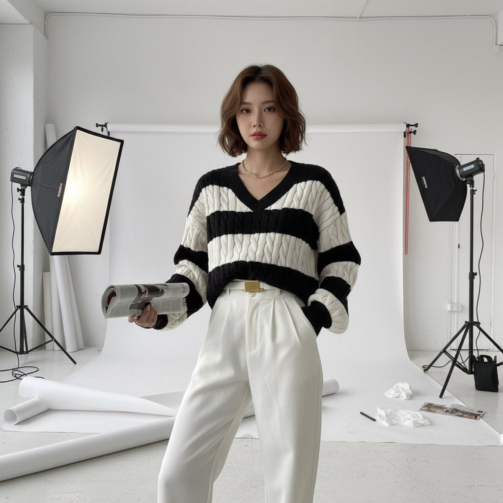 Academia Stripe Cable Knit Sweater