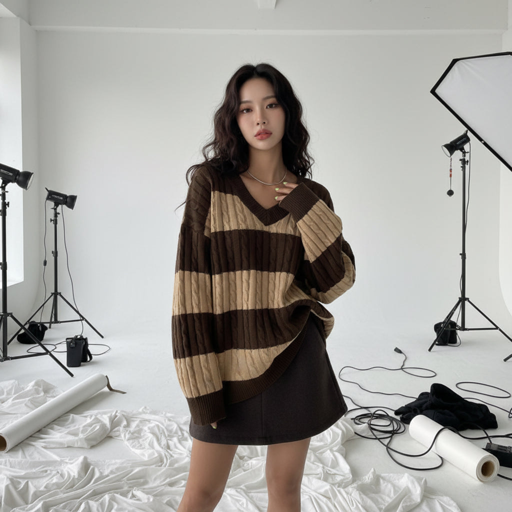 Academia Stripe Cable Knit Sweater