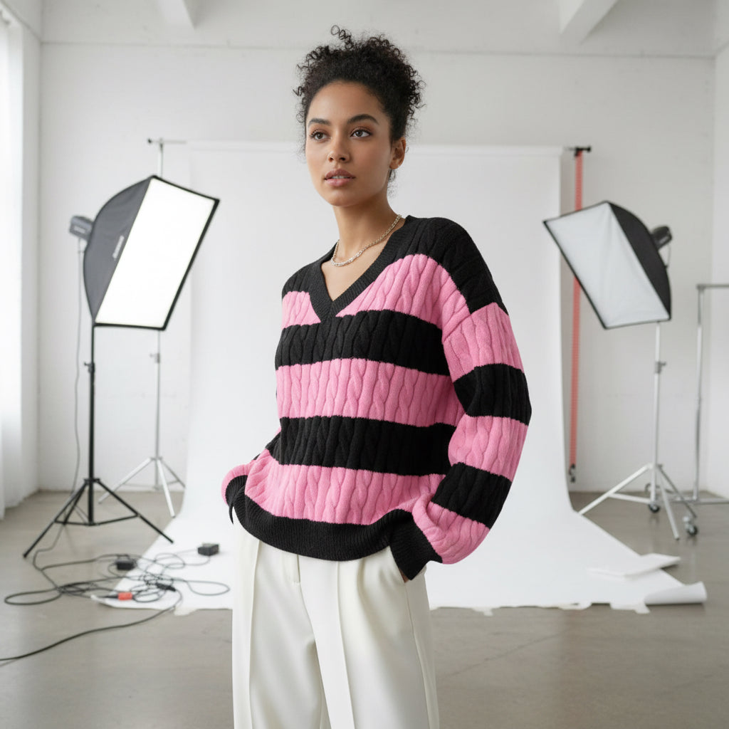 Academia Stripe Cable Knit Sweater