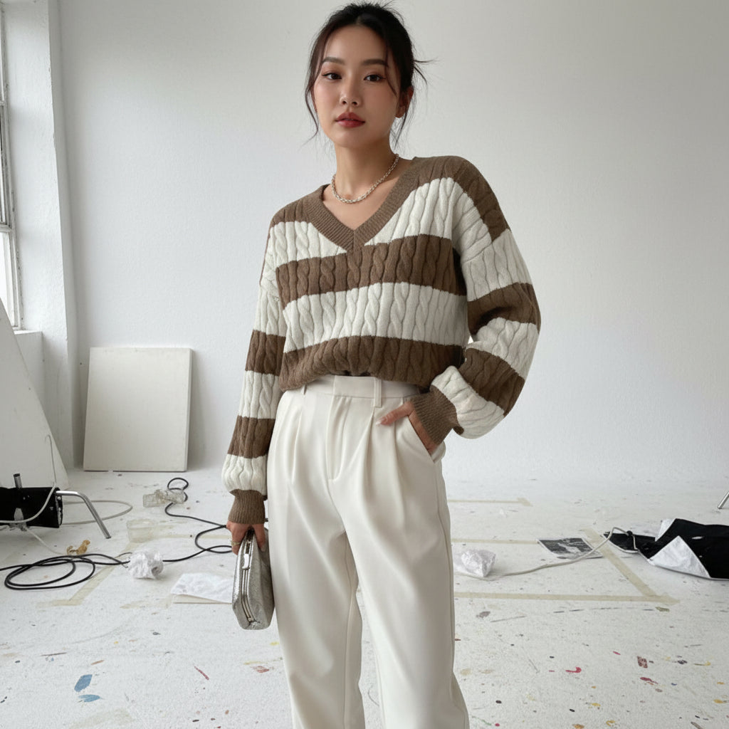 Academia Stripe Cable Knit Sweater