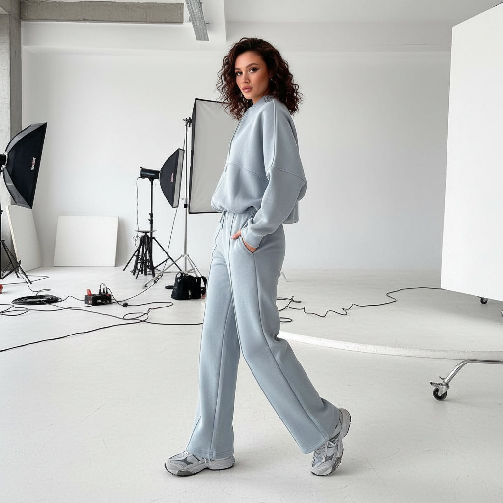 Zip Sweat & Wide Jogger Set - dusty blue