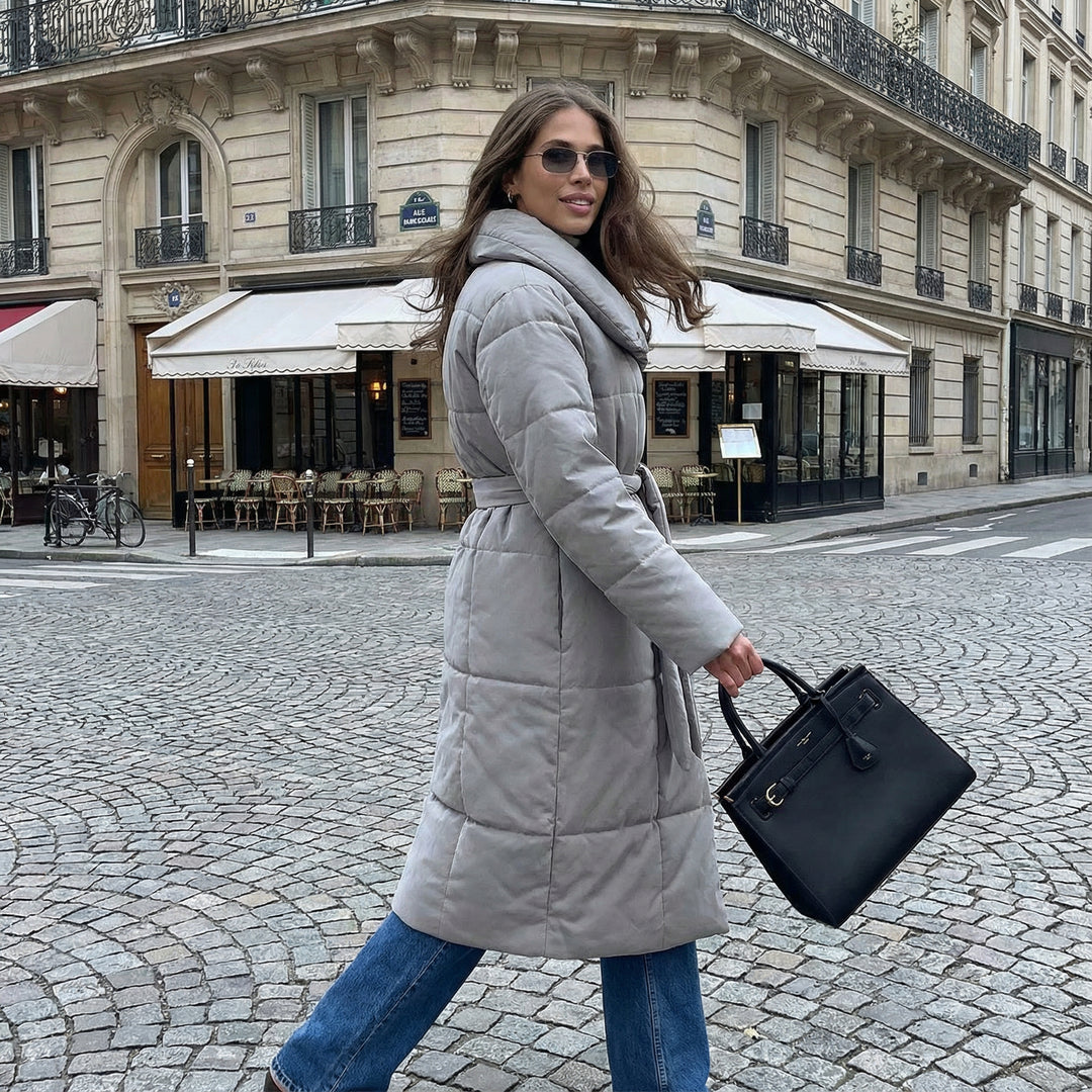 Long Puffer Coat with Tie Waist