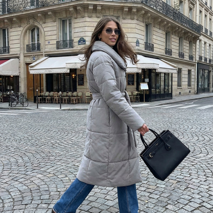 Long Puffer Coat with Tie Waist