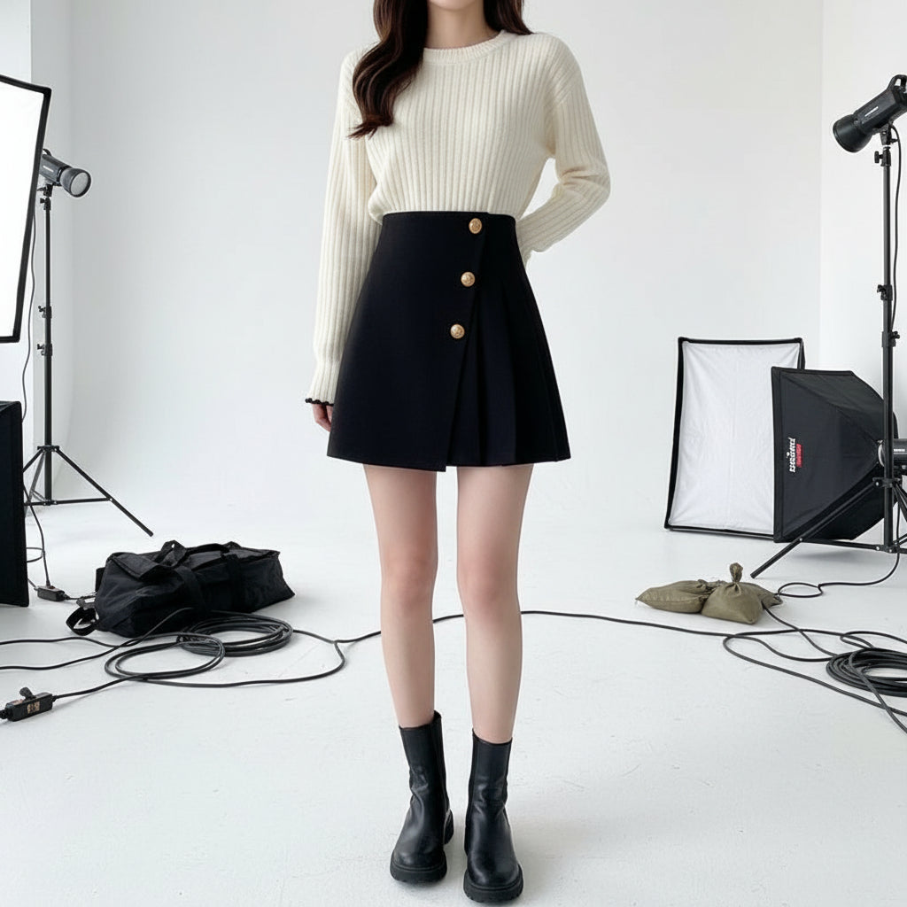 Pleated Wrap Mini Skirt