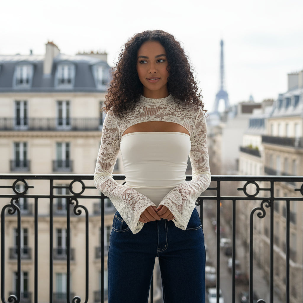 Long Sleeve Lace Top - cream