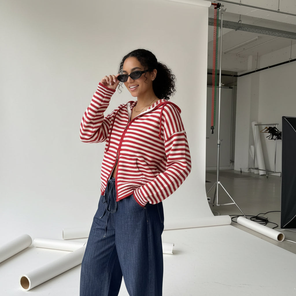 Coastal Stripe Zip Knit Hoodie