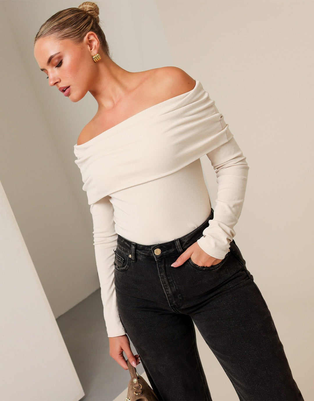 Beige Knitted Off Shoulder Top