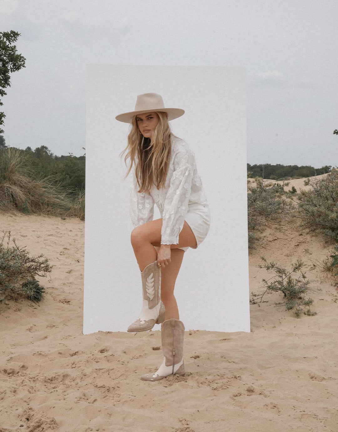 Beige Suede Detail Cowboy - Boots