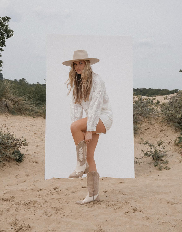 Beige Suede Detail Cowboy - Boots