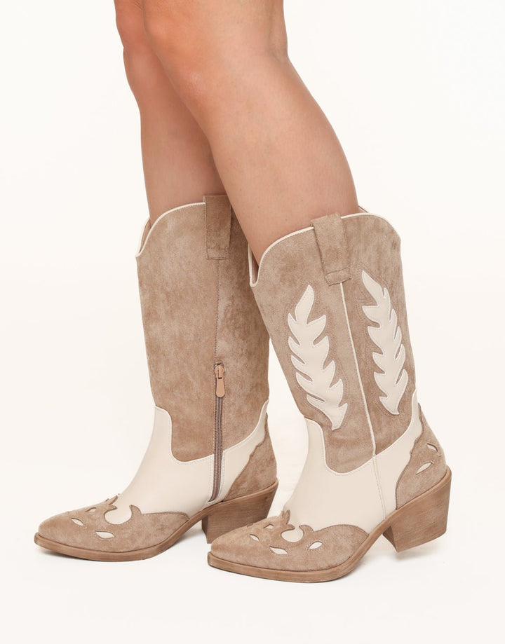 Beige Suede Detail Cowboy - Boots