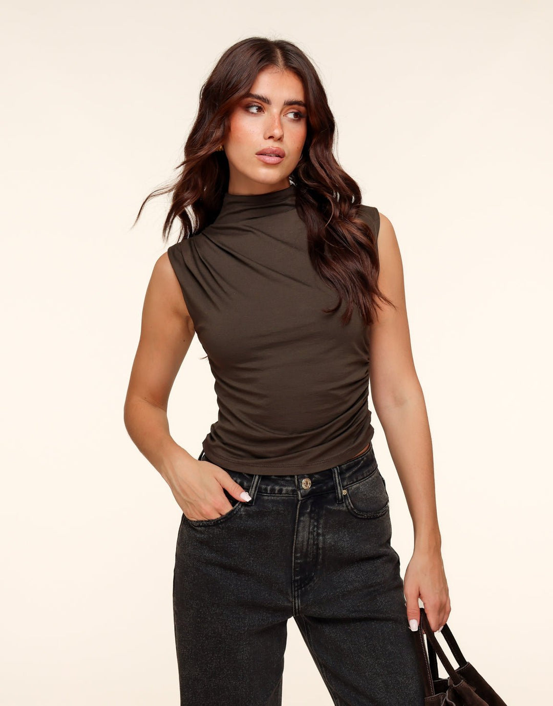 Brown Pleated Collar SS - Top