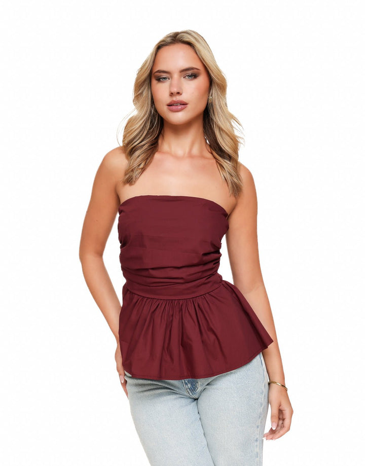 Burgundy Strapless Peplum Top
