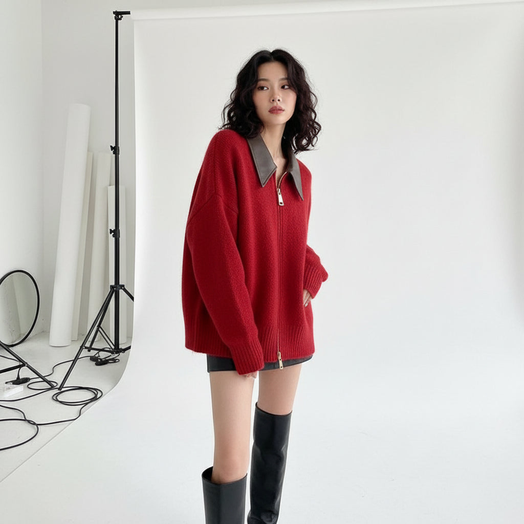 Faux Leather Collar Zip Cardigan