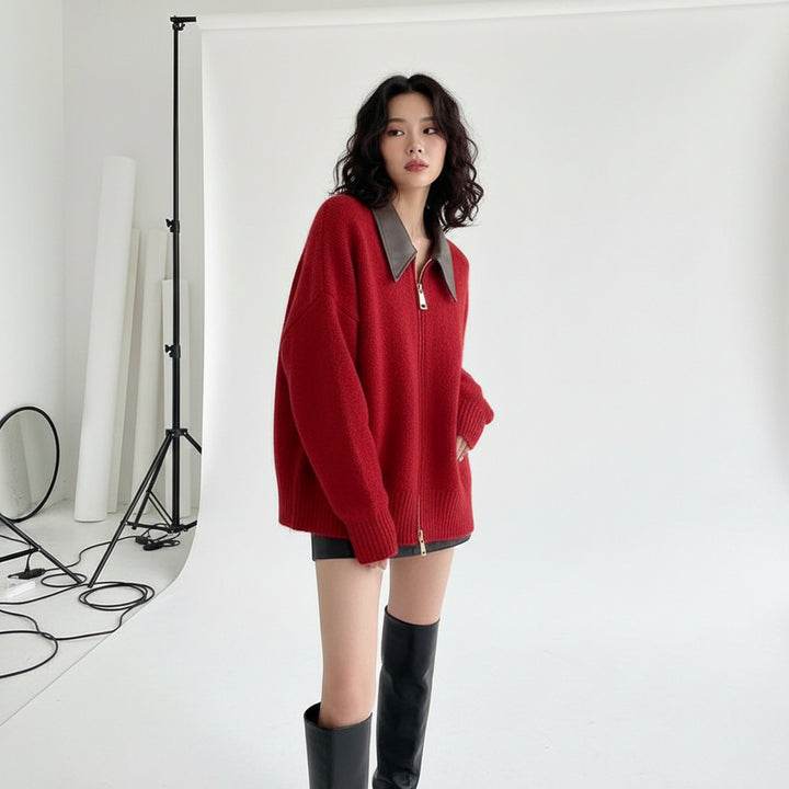 Faux Leather Collar Zip Cardigan