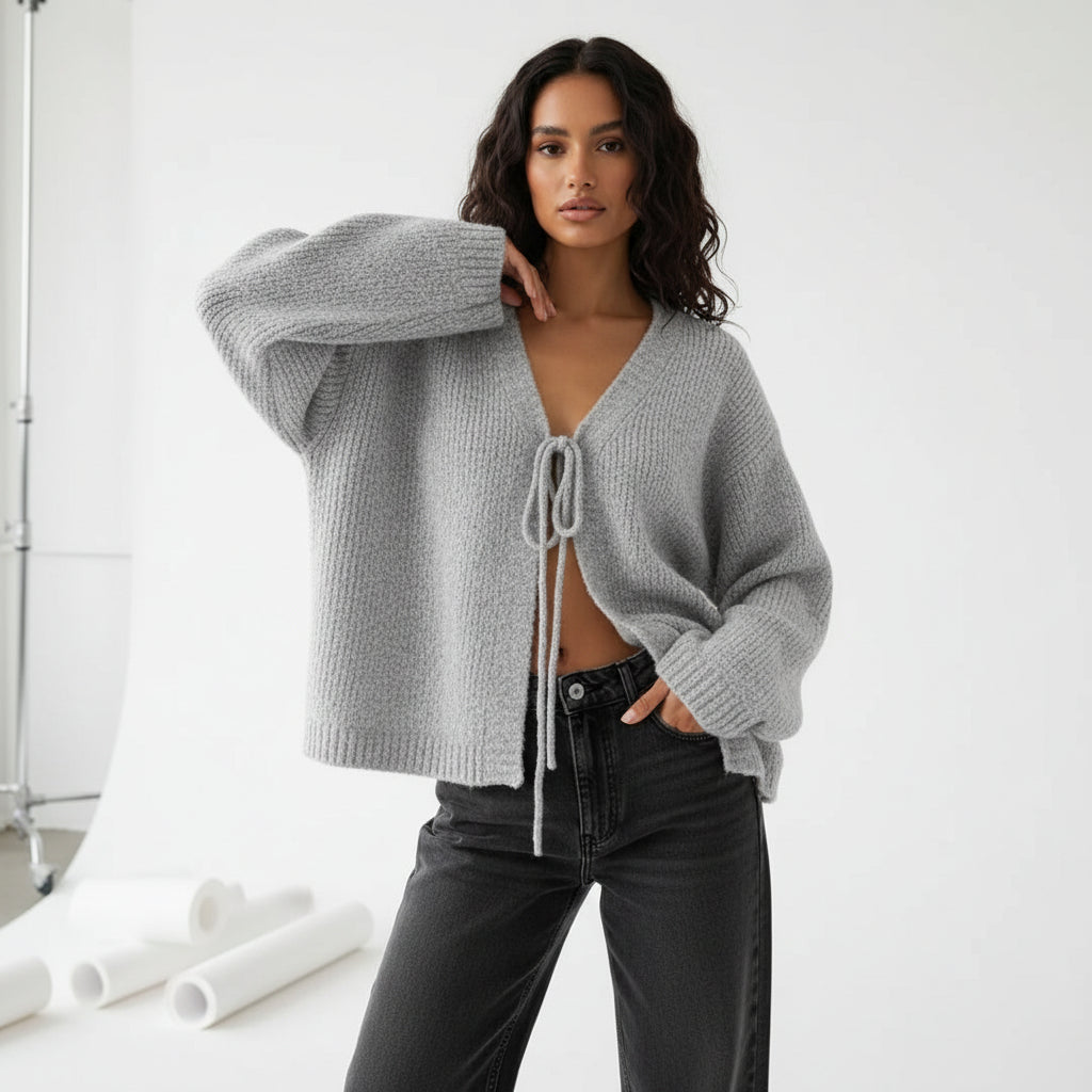 Draped Tie-Front Knit Cardigan