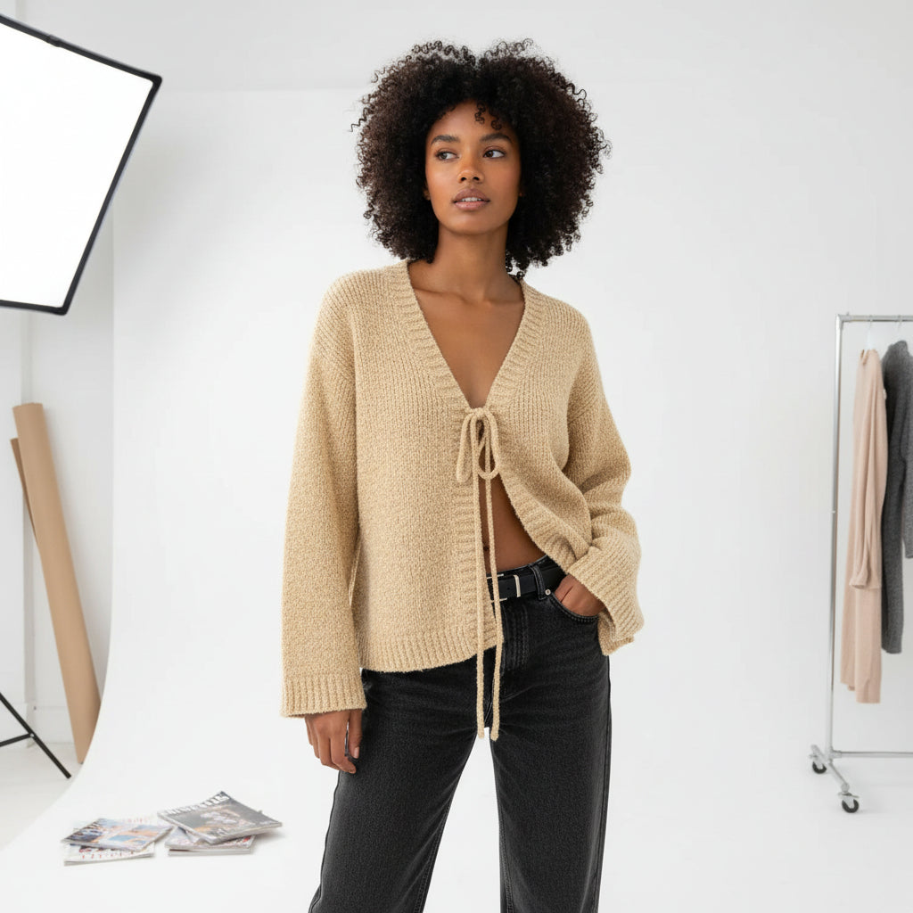 Draped Tie-Front Knit Cardigan