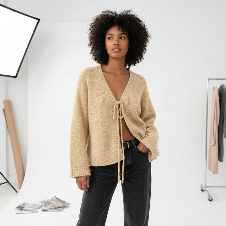 Draped Tie-Front Knit Cardigan