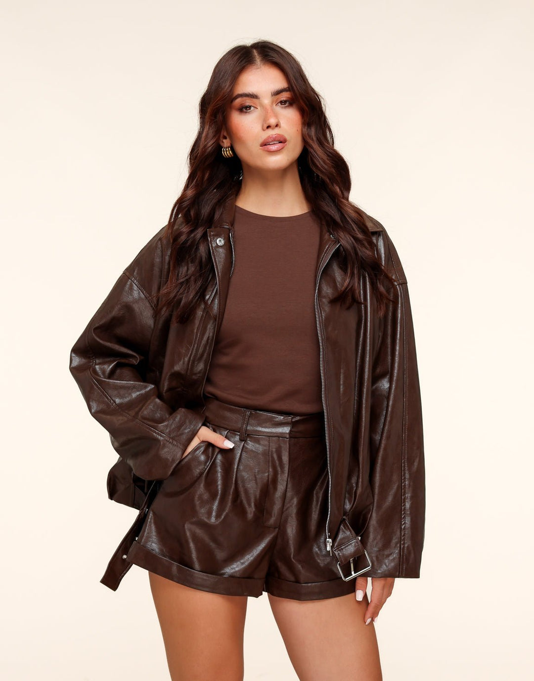 Coffee PU Leather Biker - Shorts