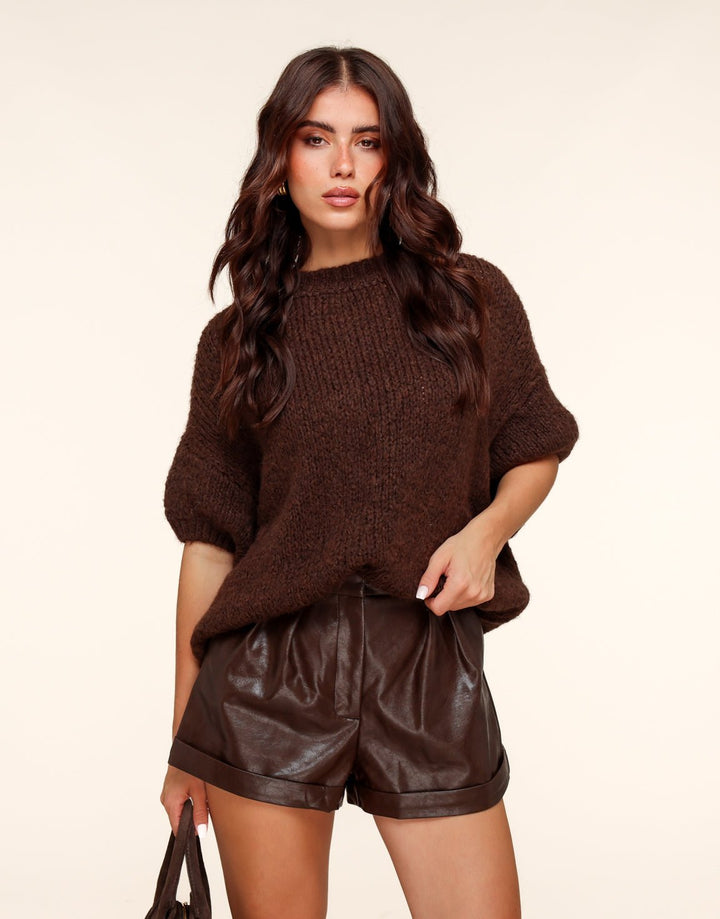 Coffee PU Leather Biker - Shorts