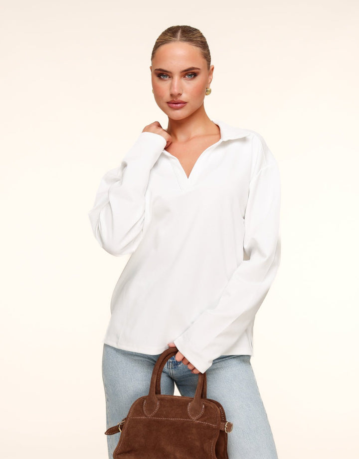 Cream V-Neck LS - T-shirt