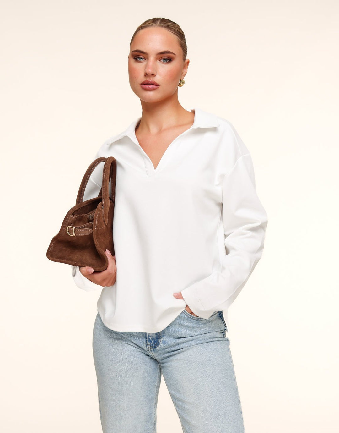 Cream V-Neck LS - T-shirt