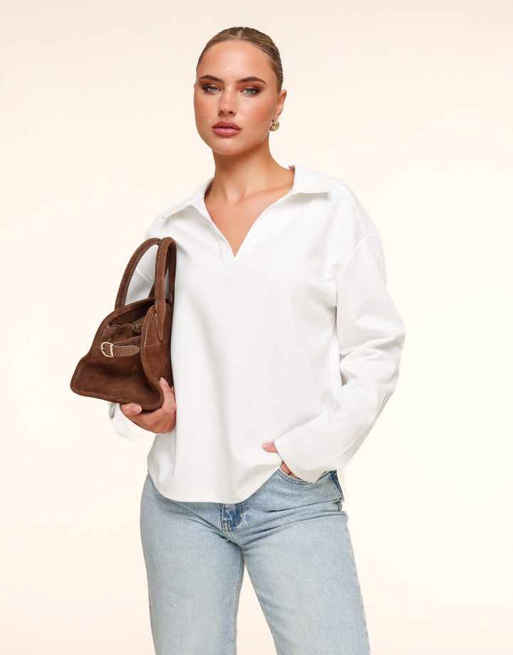 Cream V-Neck LS - T-shirt