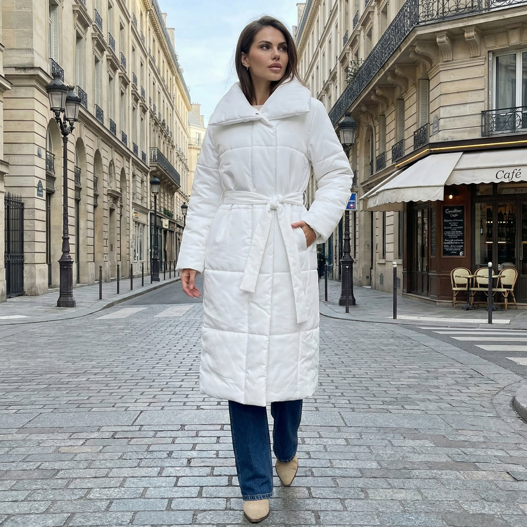 Long Puffer Coat with Tie Waist