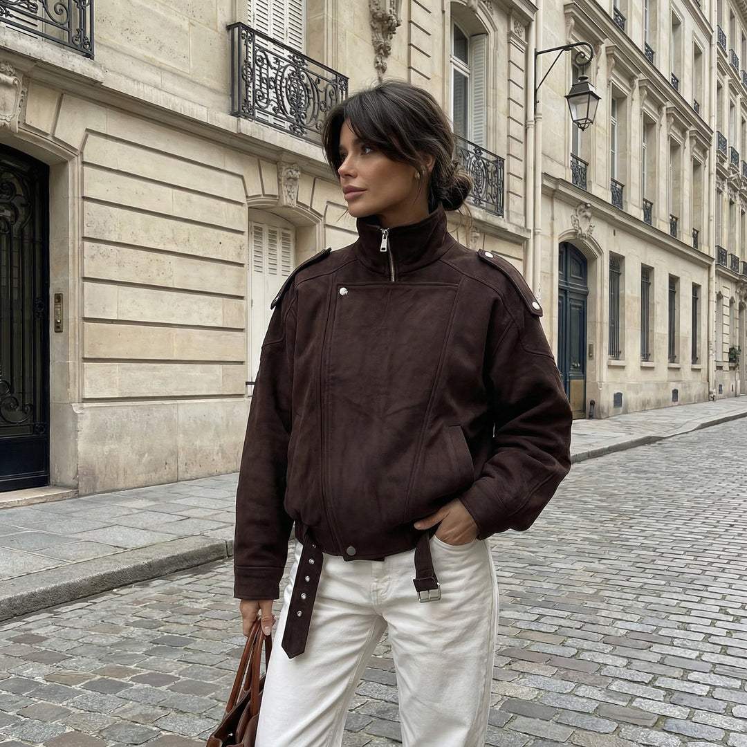 Velour Suede Belted Biker Jacket