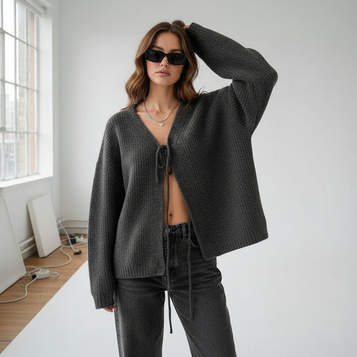 Draped Tie-Front Knit Cardigan