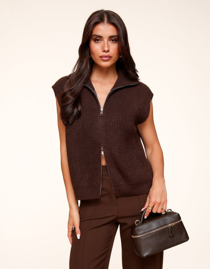Dark Brown Woven Zipper - Gilet