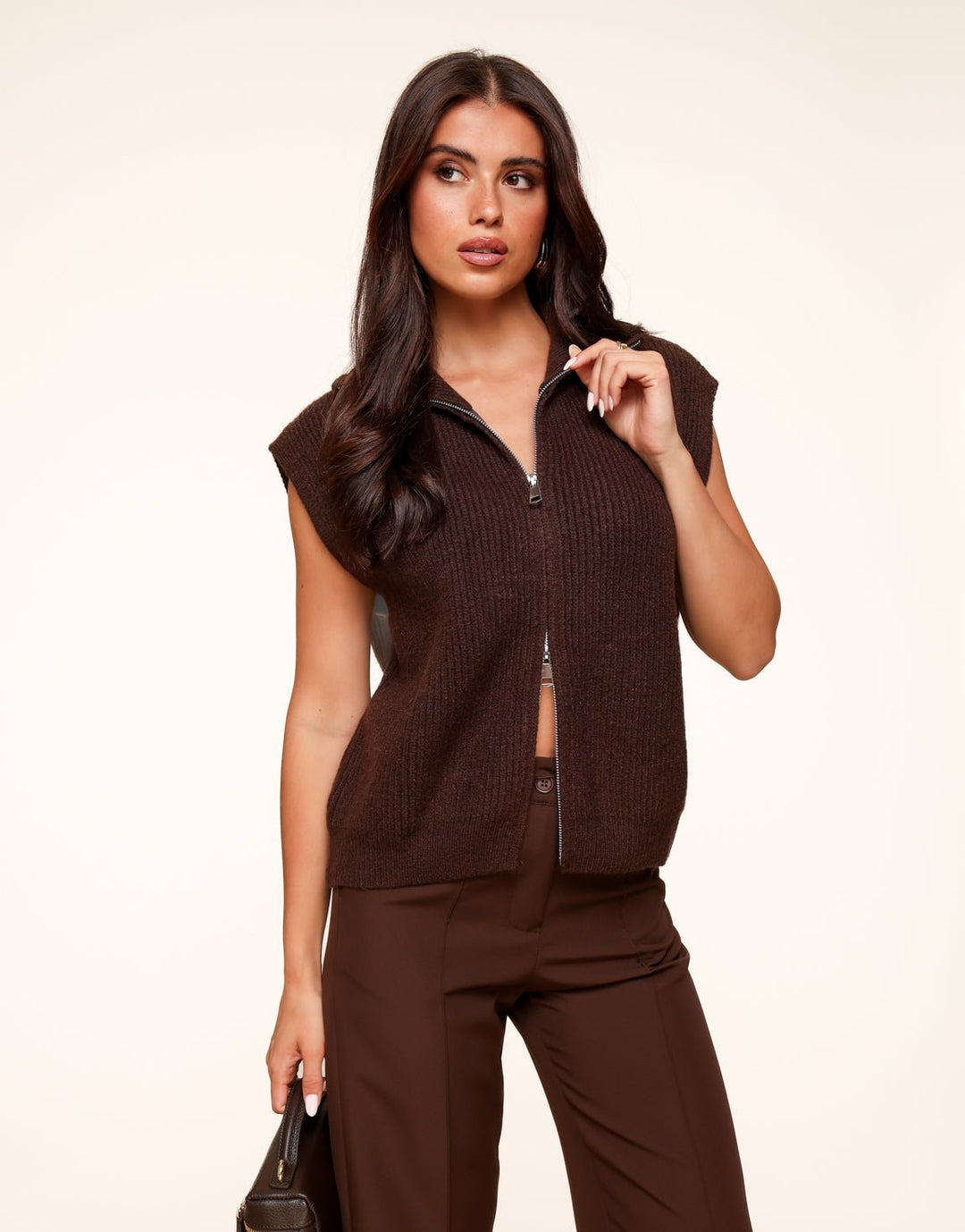 Dark Brown Woven Zipper - Gilet