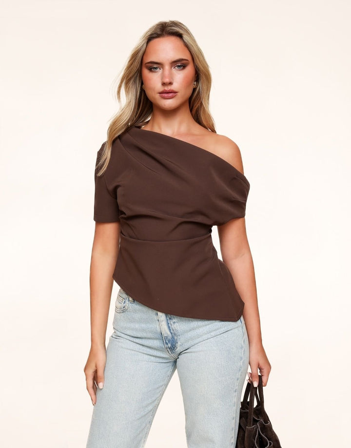Dark Brown Draped Off Shoulder  SS - Top