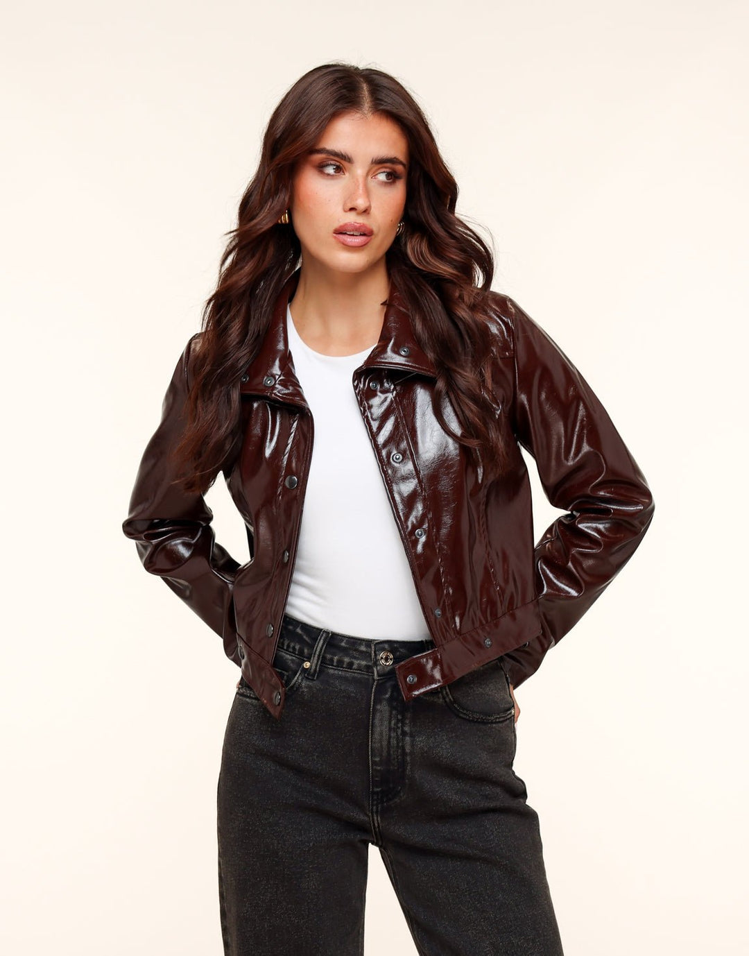 Dark brown Shiny Fitted PU Leather Jacket