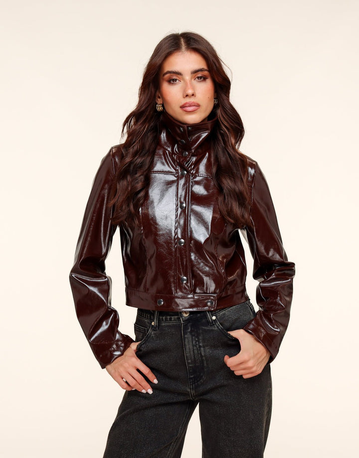 Dark brown Shiny Fitted PU Leather Jacket