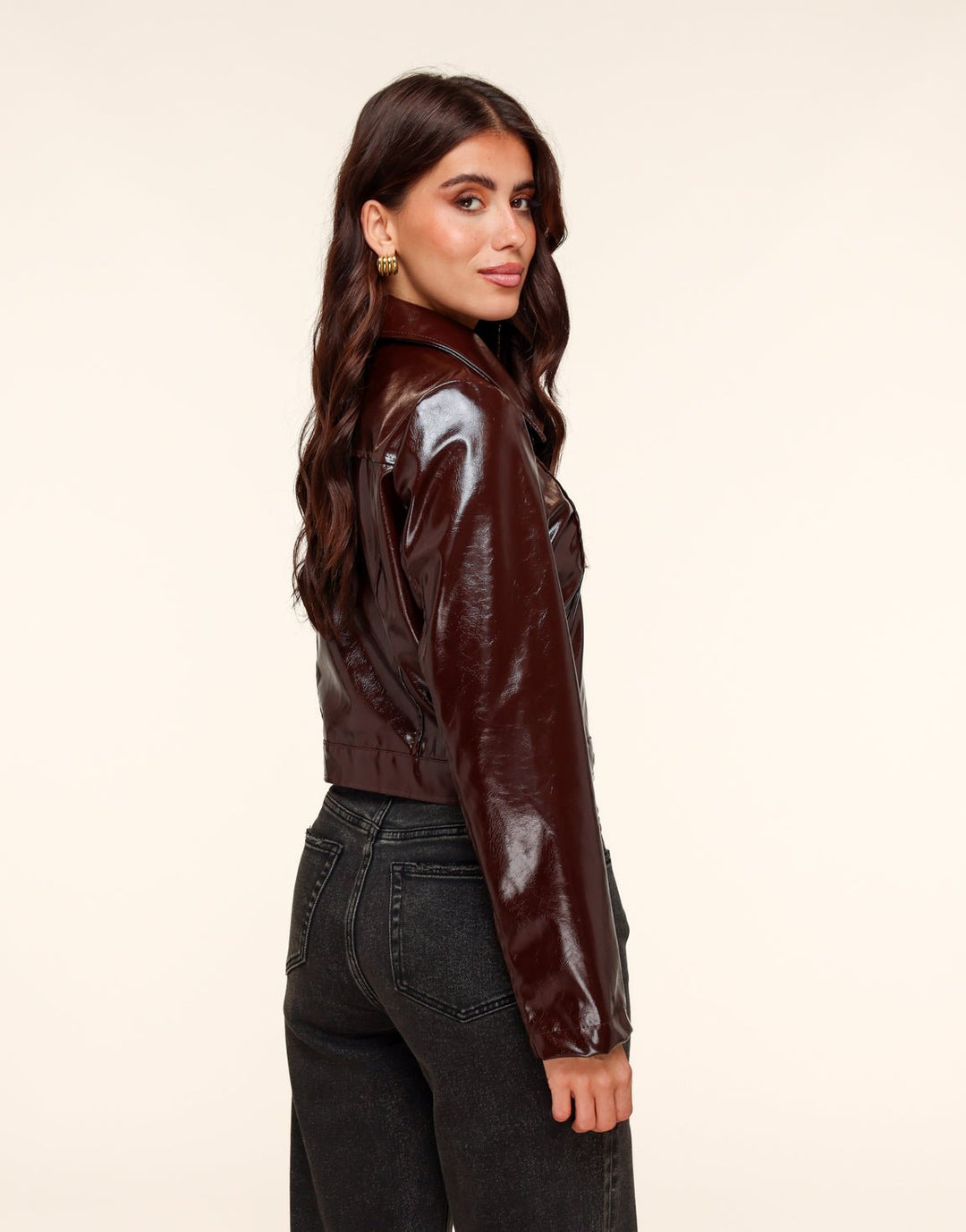 Dark brown Shiny Fitted PU Leather Jacket