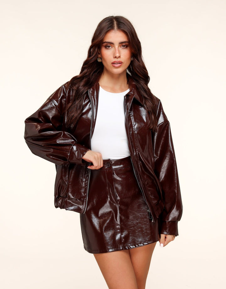 Dark brown Shiny PU Leather Bomber Jacket